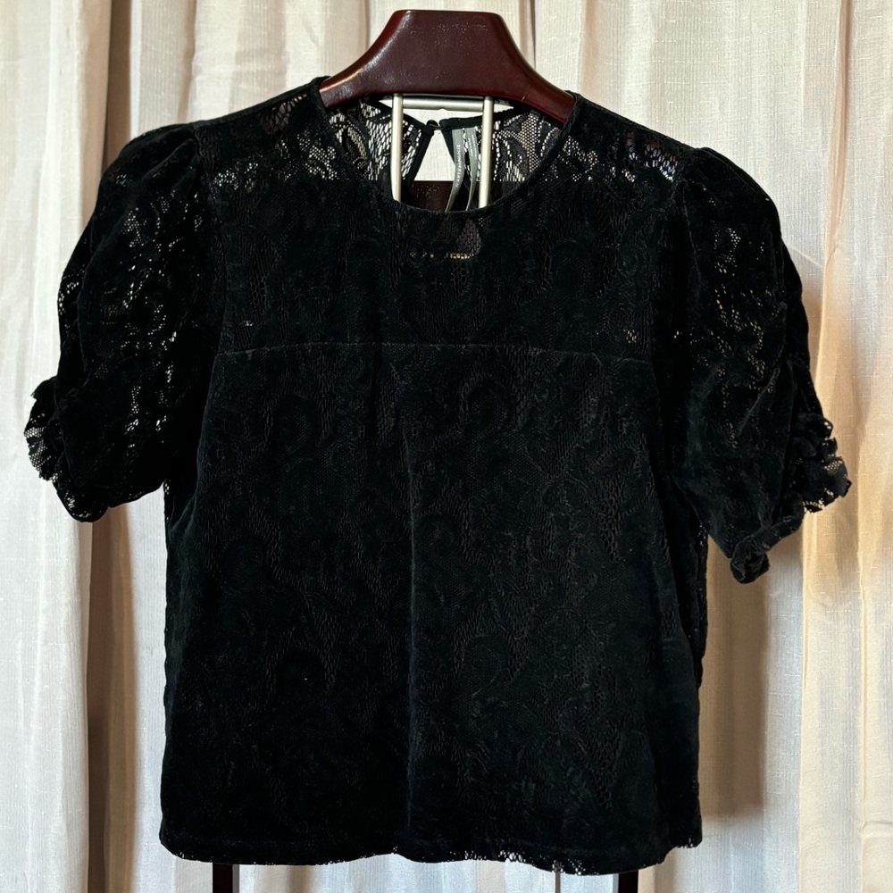 Anthropologie Parvati Black Lace & Velvet Short Sleeve Blouse